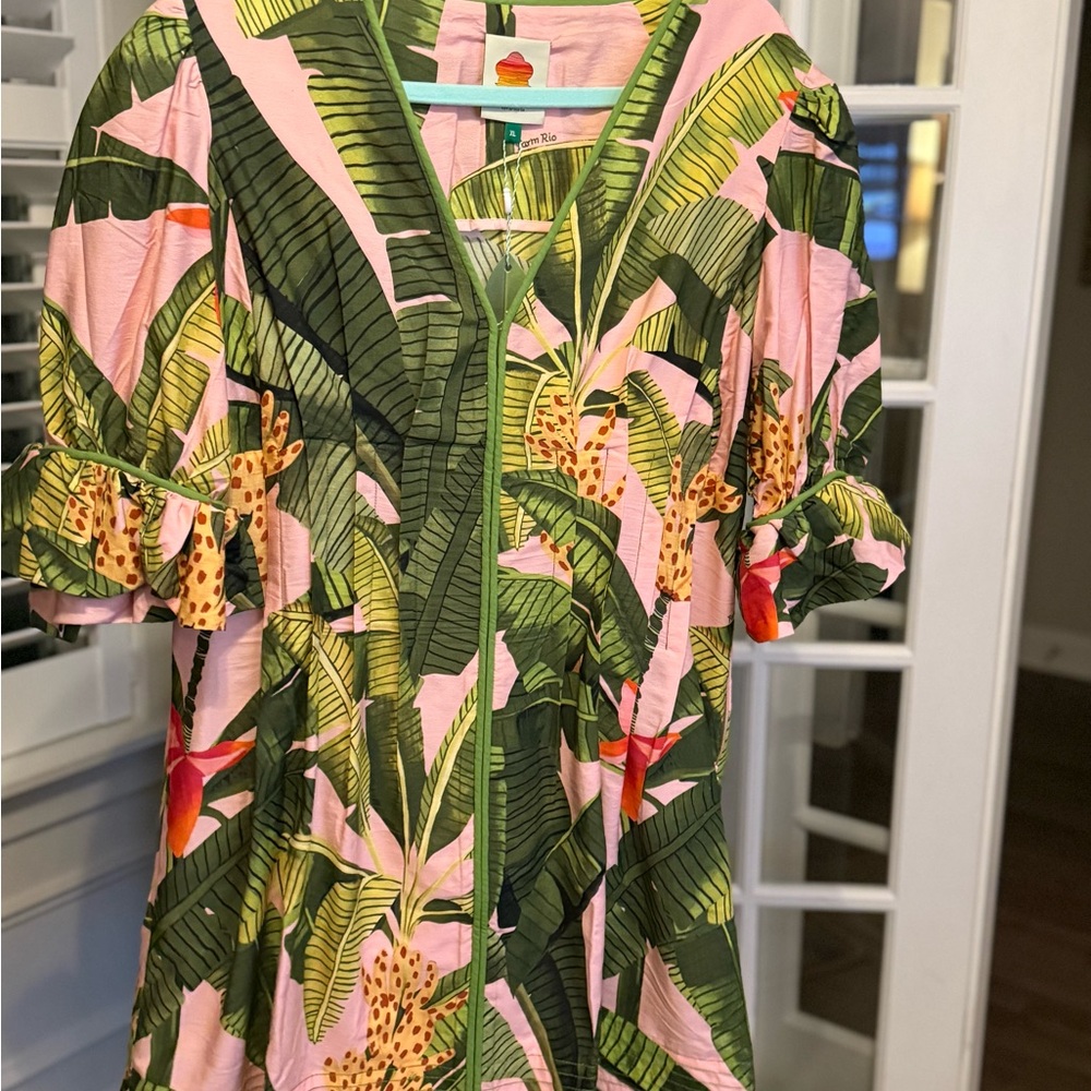FARM Rio Green and Pink Leaf Pattern Dress!  Fun & flirty, price is firm.